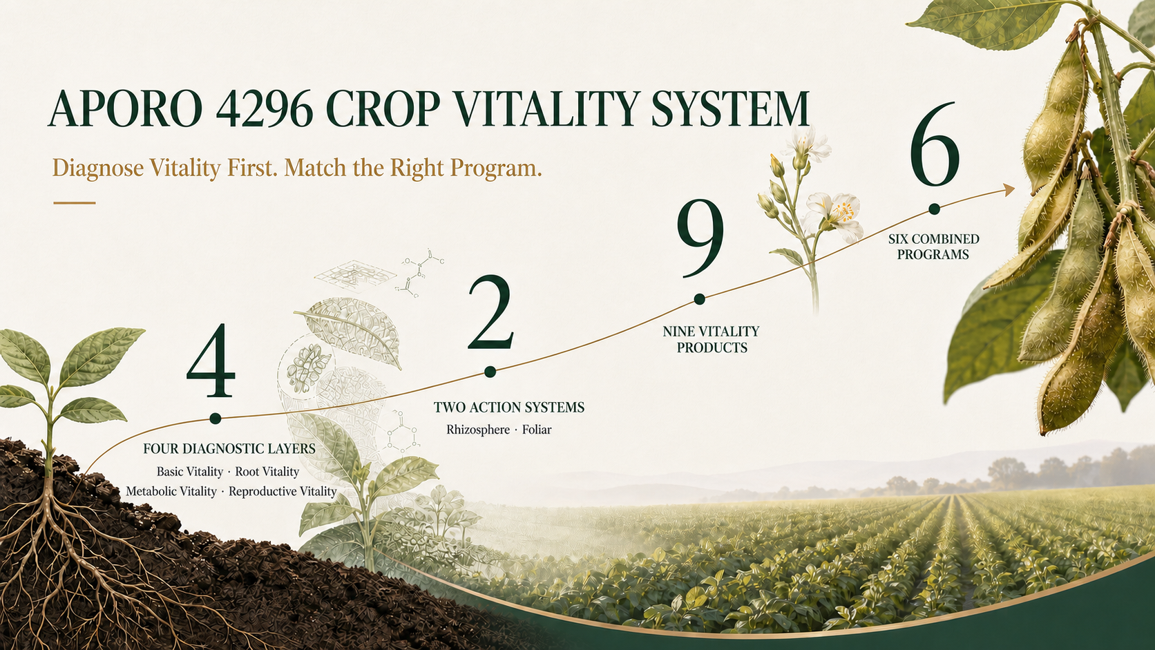 APORO 4296 Crop Vitality System: four diagnostic layers, two action systems, nine vitality products and six combined programs