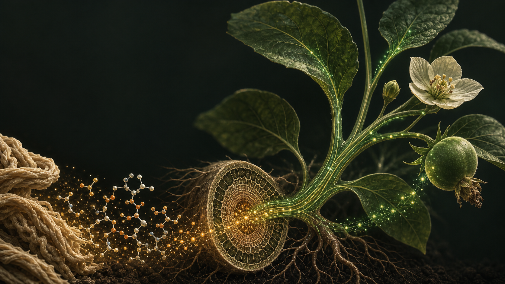 Technical visualization of nutrient-form conversion, root uptake and coordinated movement toward leaves, flowers and fruit